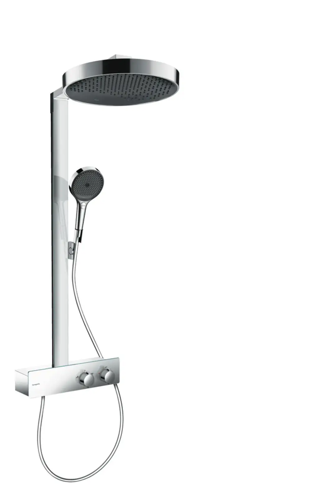 Hansgrohe Duschsystem mit Deckenregendusche und Handbrause, versehen mit einem Steuerpaneel zur Regelung von Wasserfluss und Temperatur. Design schlicht und funktional.